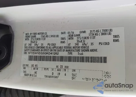 2016 Ford F-150 Lariat from USA, damaged, VIN 1FTEW1EG3GKD41262